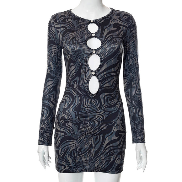 Women Ripple Printed Round Neck Hollow Casual Long Sleeve Dress