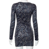 Women Ripple Printed Round Neck Hollow Casual Long Sleeve Dress