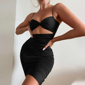 Sexy Deep V Low Cut Spaghetti Strap Cut Out Creased Tight Dress